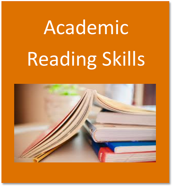 Academic reading skills button containing books stacked on top of each other
